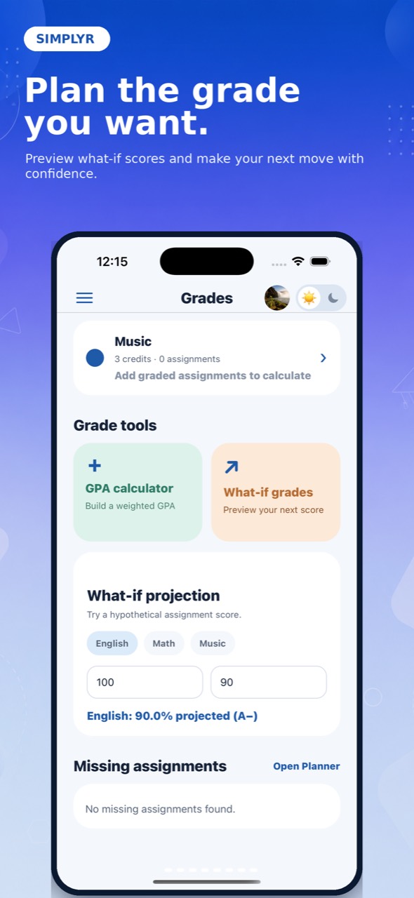 Simplyr grade projection screen for what-if scores