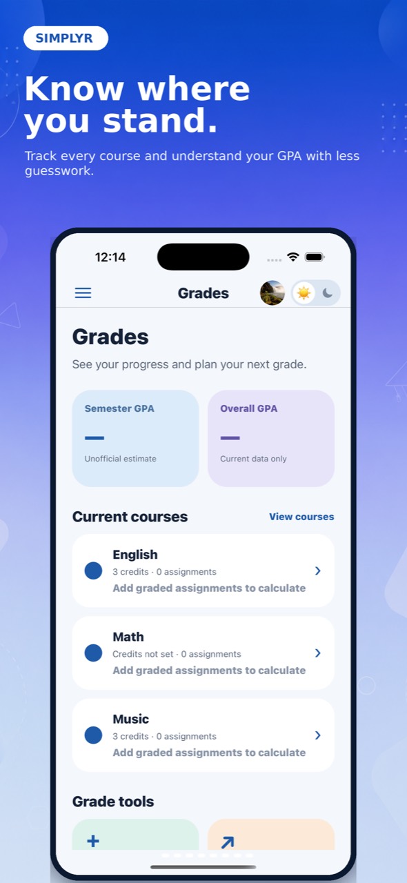 Simplyr Grades screen with courses and GPA summaries