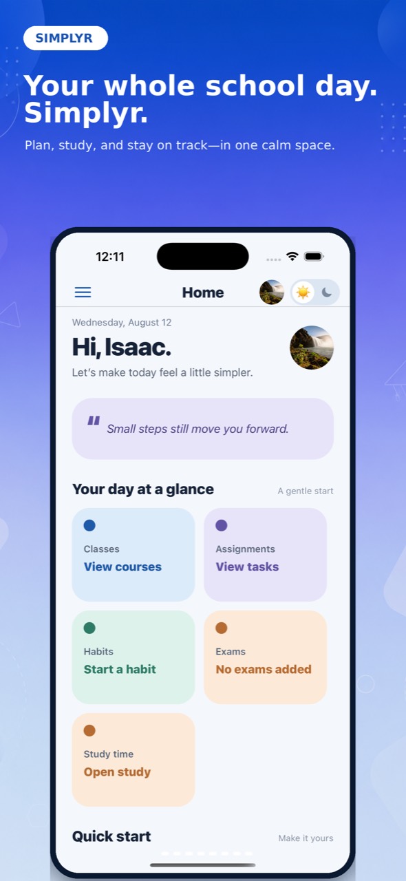 Simplyr Home screen showing classes, assignments, habits, exams, and study time