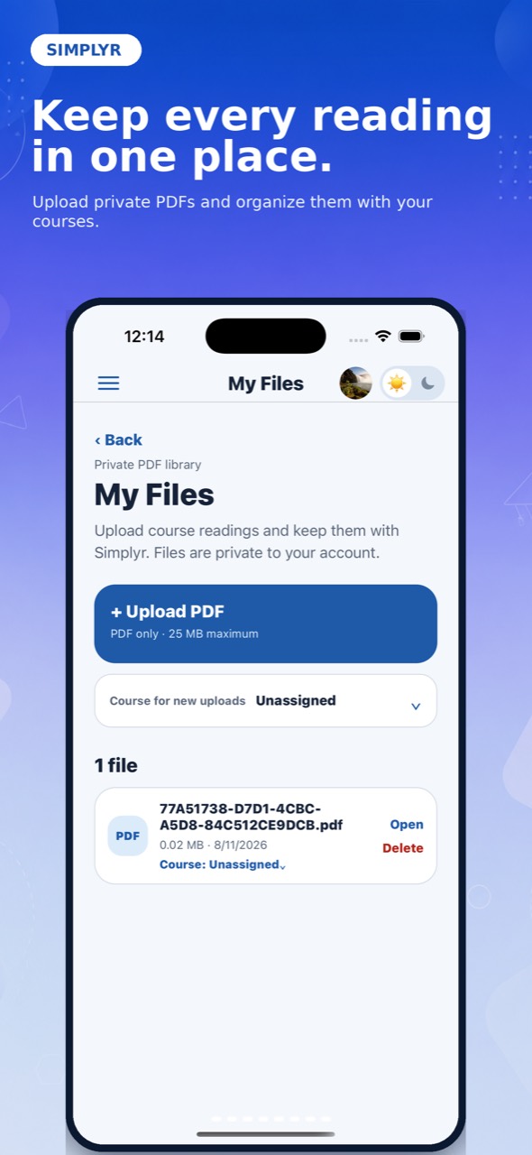 Simplyr My Files screen for private course PDF uploads