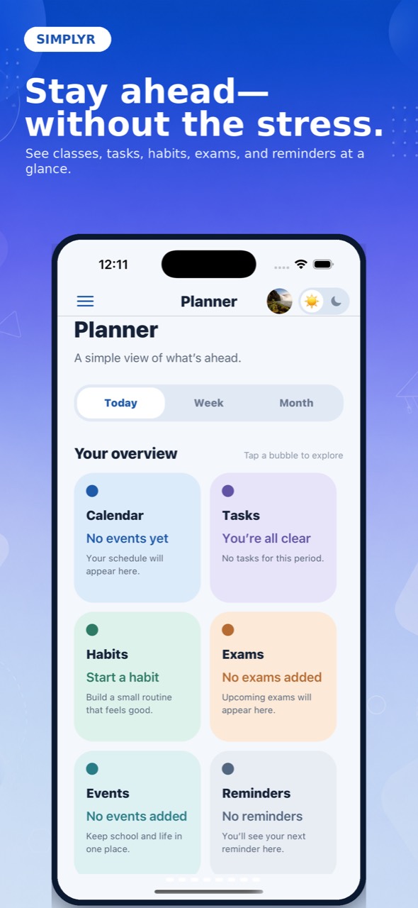 Simplyr Planner screen with Today, Week, and Month views