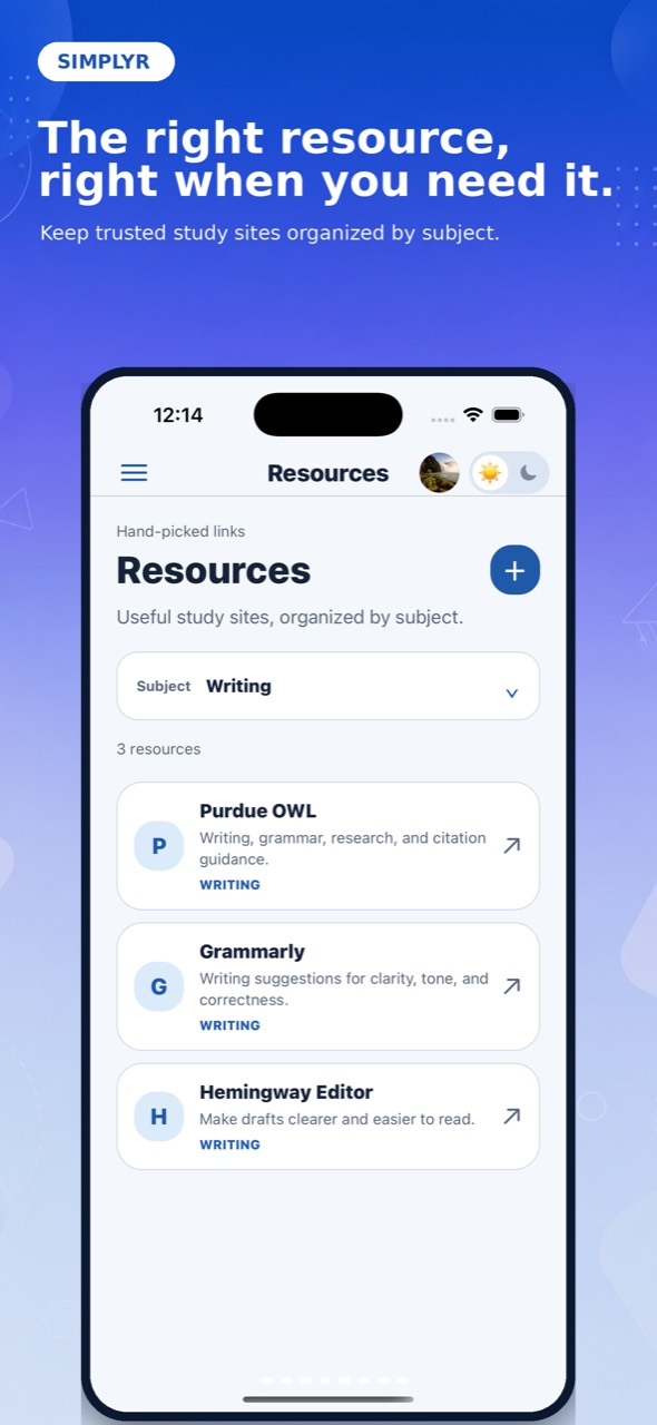 Simplyr Resources screen with categorized study links