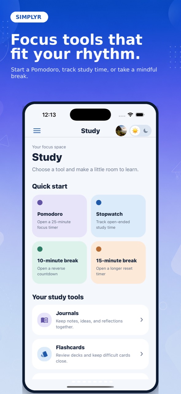Simplyr Study screen with focus timers and study tools