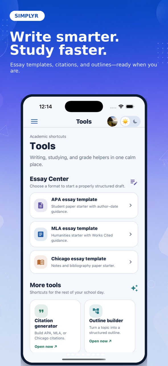 Simplyr Tools screen with essay templates and study utilities